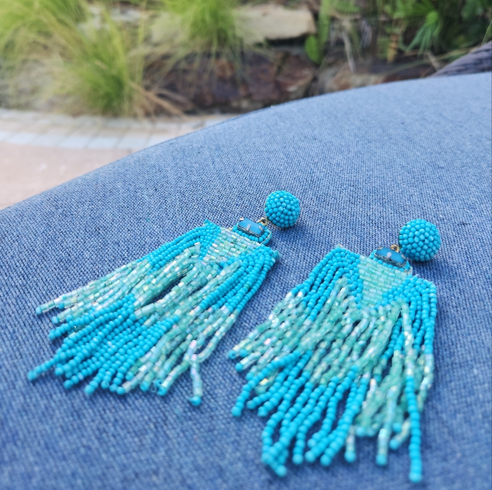 Beautiful Blue Tassel Pierced Earrings